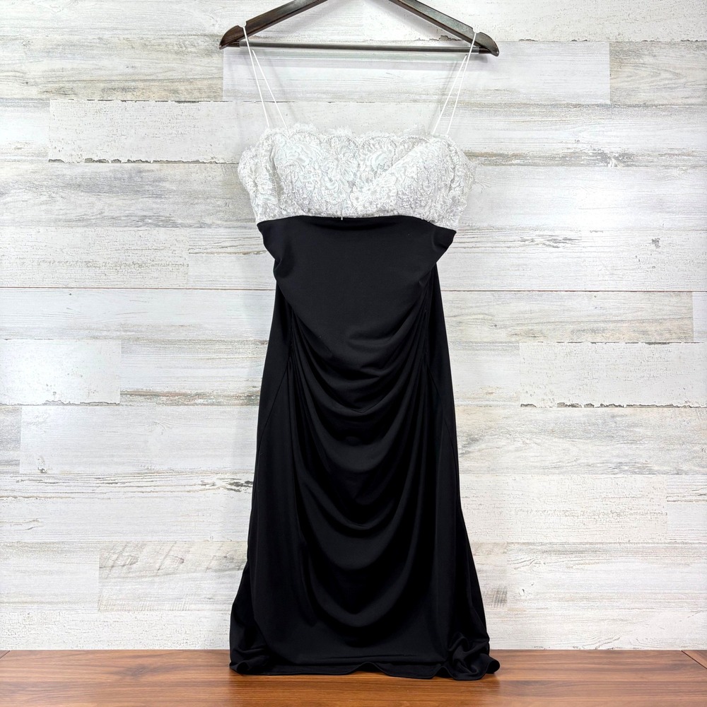JS Boutique Cocktail Dress Women 10 Black White Lace Sequins Bust Ruched Glam